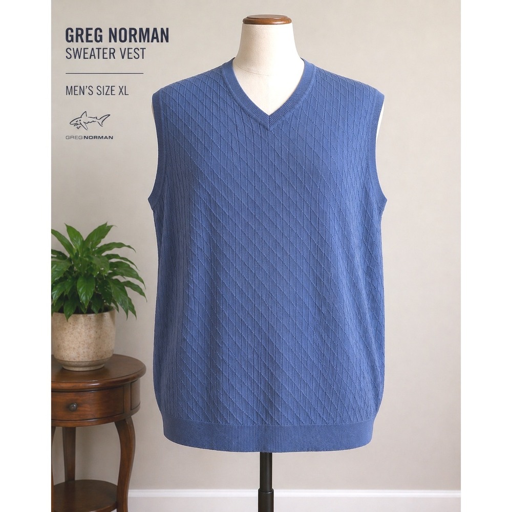 Greg Norman Mens XL Blue Cotton V-Neck Textured Diamond Knit‎ Golf Sweater Vest